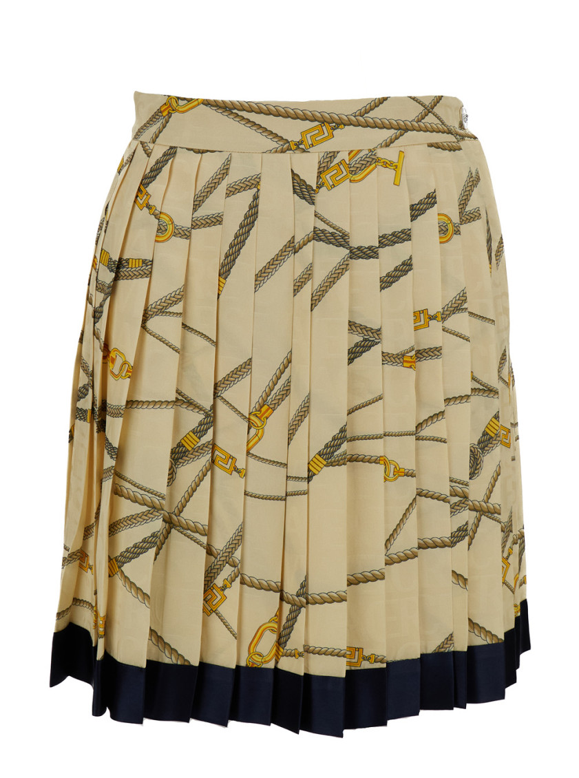 Versace Multicolor Pleated Mini Skirt With All-over Logo Print In Yellow