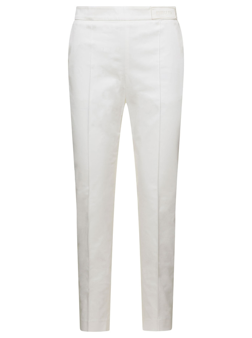 Moncler White Straight Pants With Tonal Logo Patch In Stretch Cotton Woman In White
