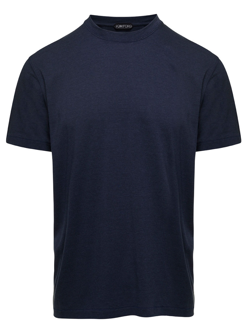 Tom Ford Blue Crew Neck T-shirt With Embroidered Logo In Cotton Blend Man In Blue