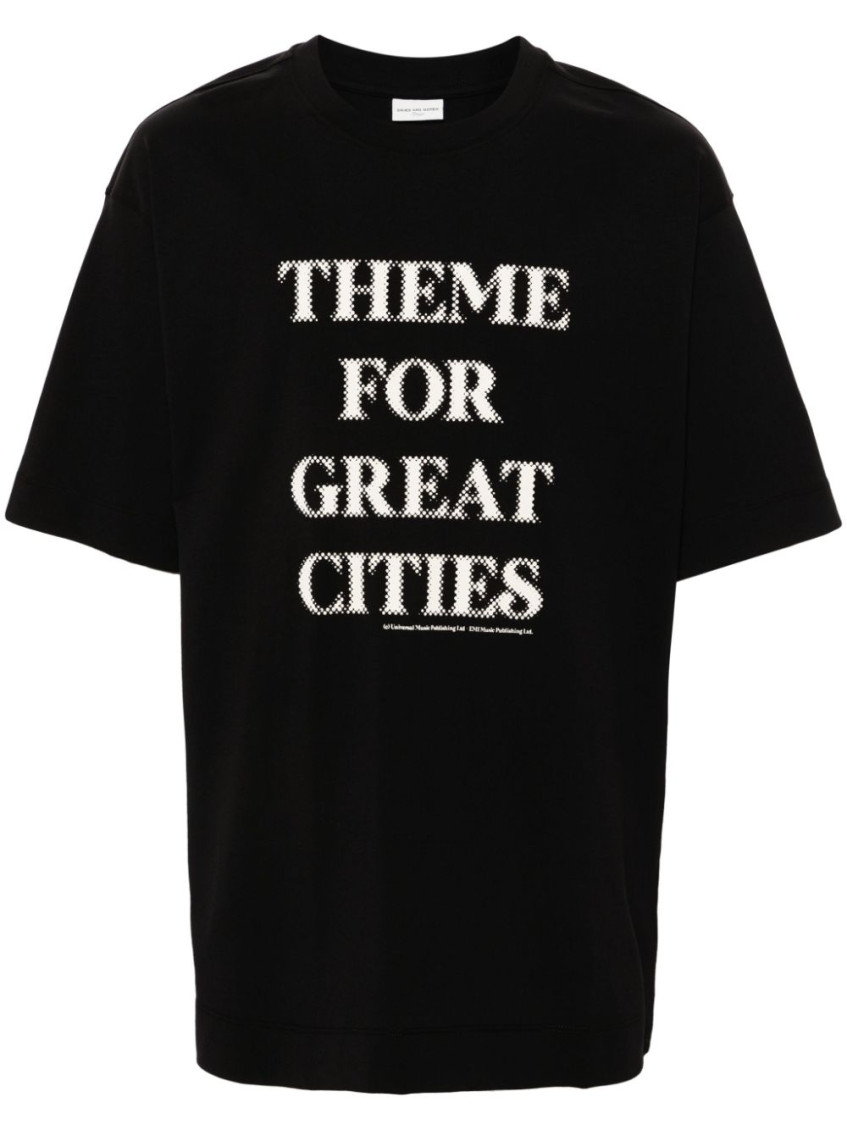 Dries Van Noten Ribbed Black Cotton Jersey T-shirt With Slogan Print In Black