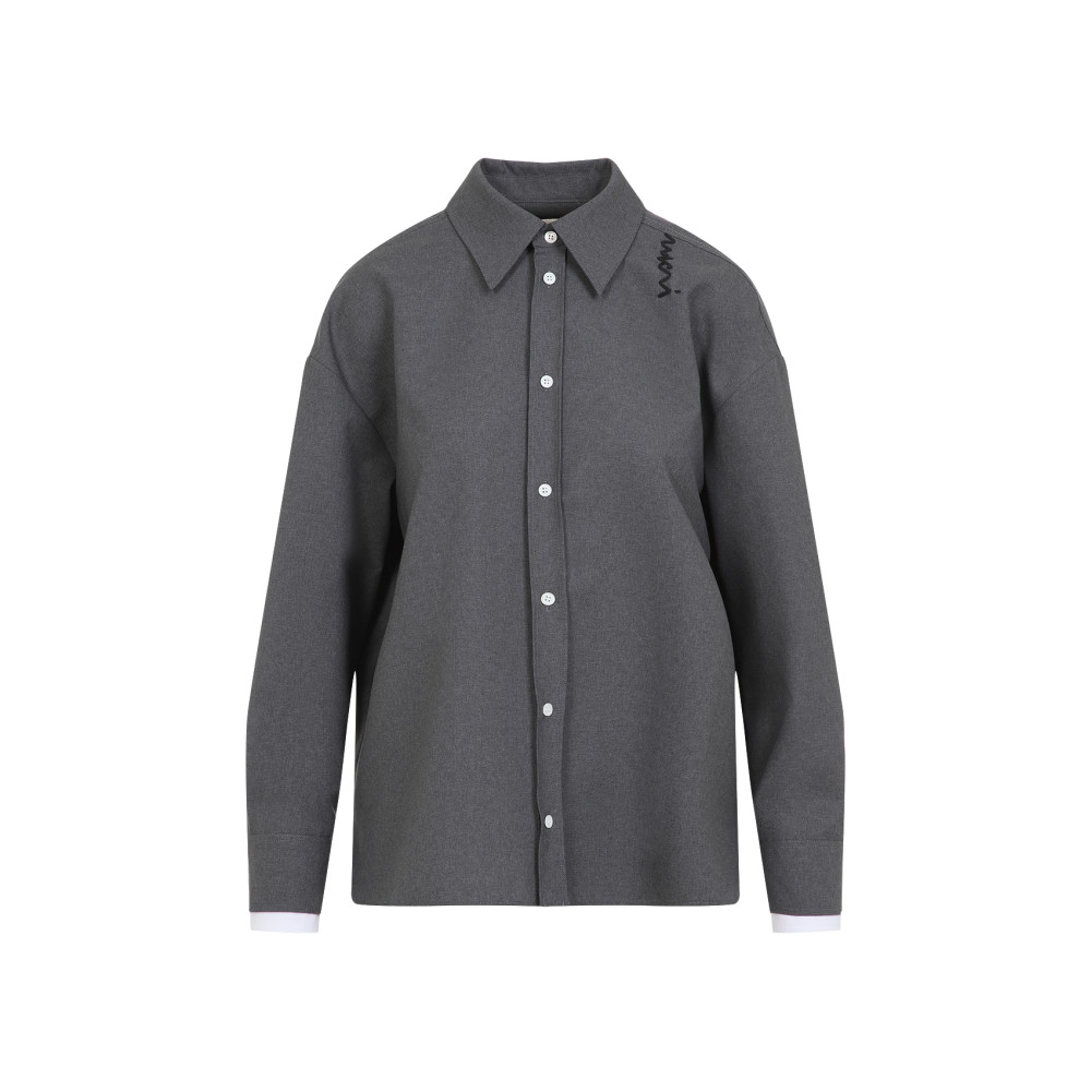 Marni Logo Embroidered Oversize High-low Button-up Shirt In Grey