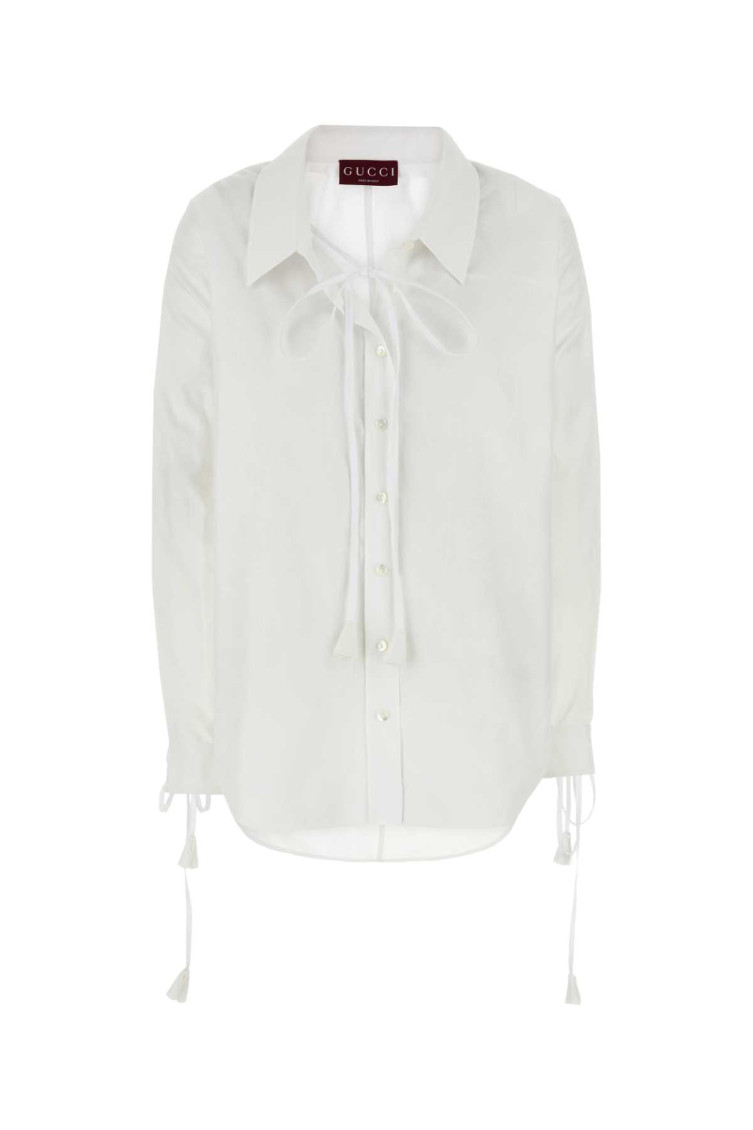 Gucci White Shirt With Pointed Collar With Tie Detail And Horsebit In Cotton Woman In White