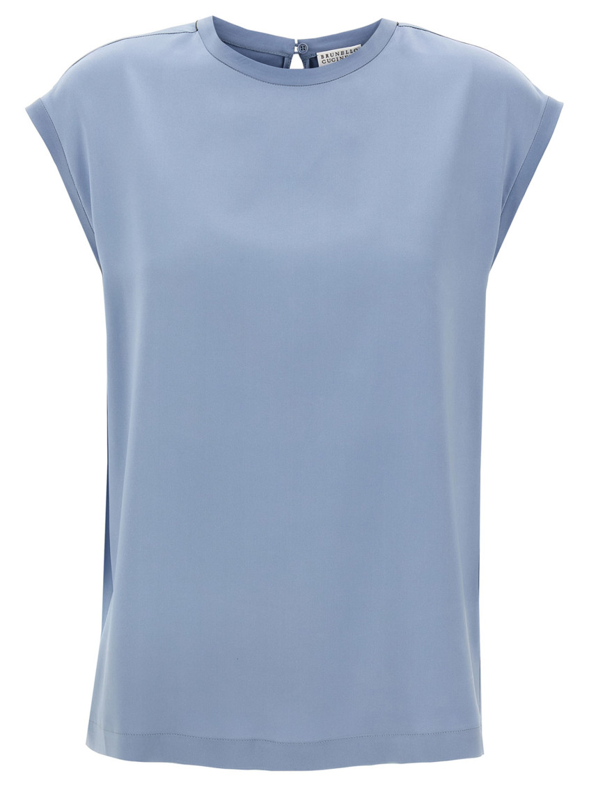 Brunello Cucinelli Silk Cap Sleeve T-shirt With Keyhole Back In Blue