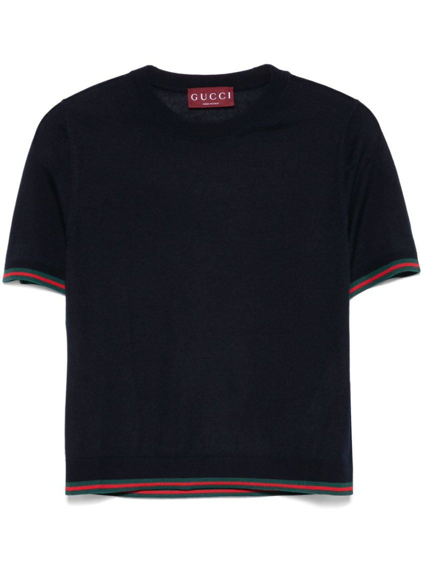 Gucci Blue T-shirt With Web Detail On The Edges In Cashmere And Silk Blend Woman