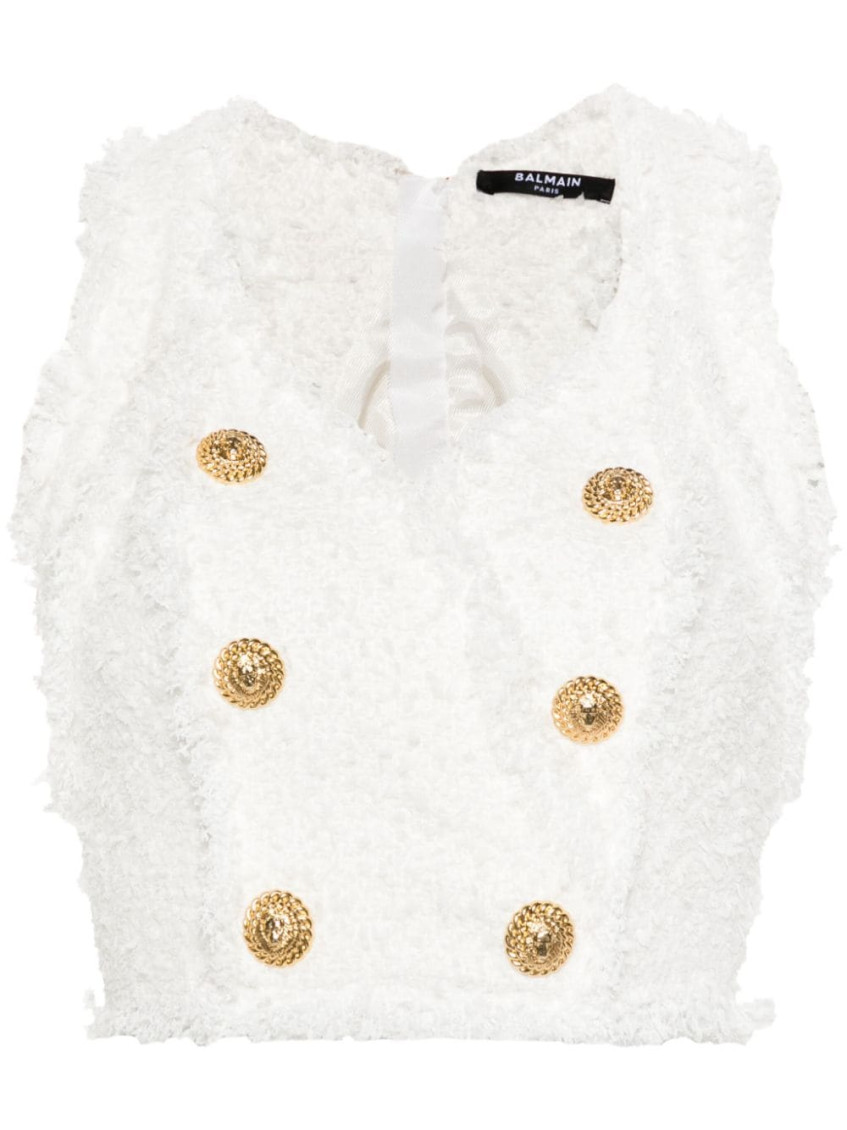 BALMAIN WHITE V-NECKED BUTTONED TOP
