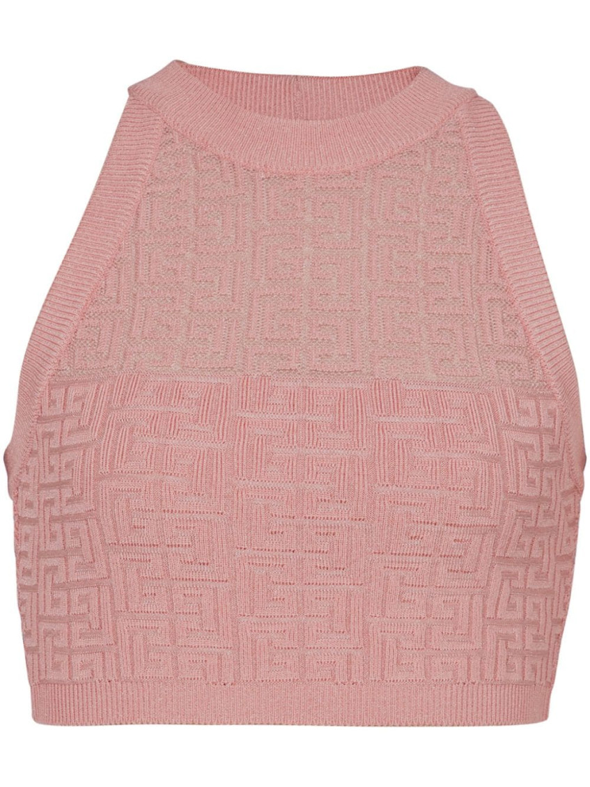 Shop Balmain Pink Pb-monogram Knitted Top