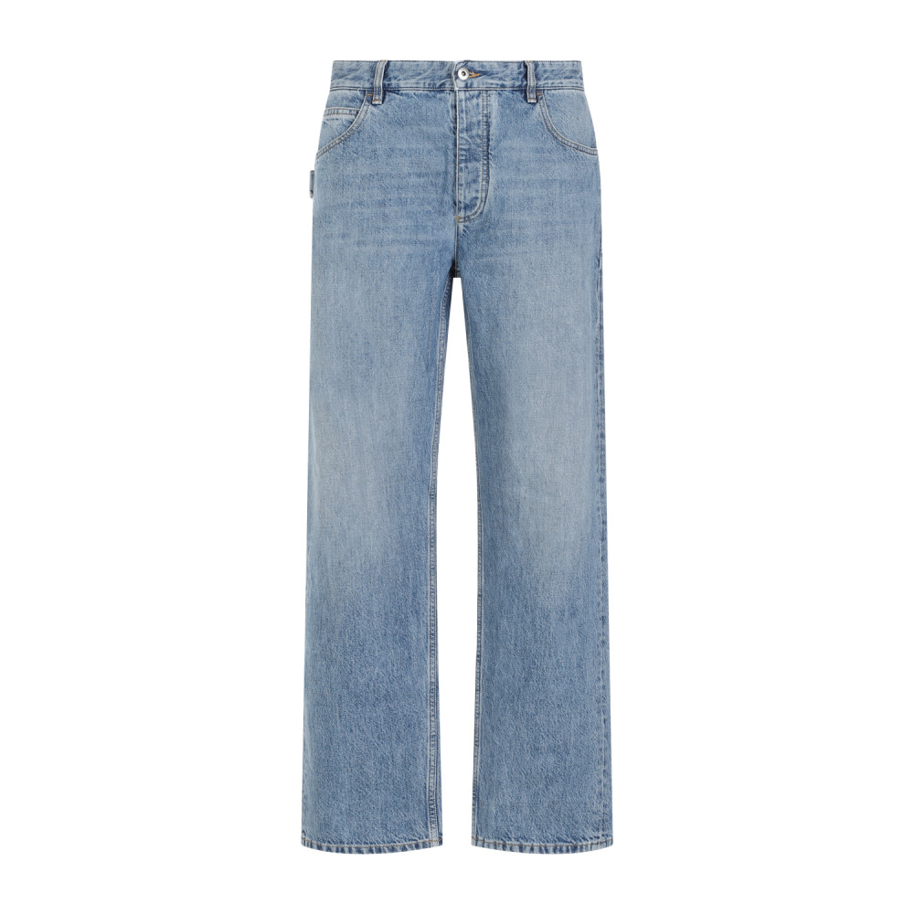 Bottega Veneta Straight Leg Denim Trousers Green Patch In Blue