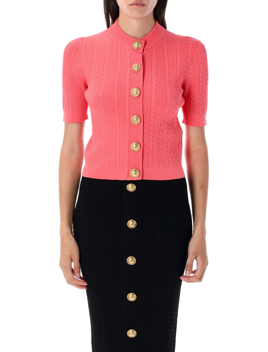 Balmain Button Embellished Knitted Cardigan In Pink