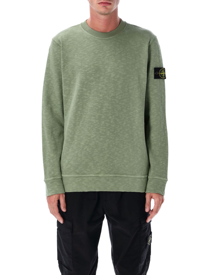 Stone Island Textured Crew Neck Cotton Sweatshirt In Green