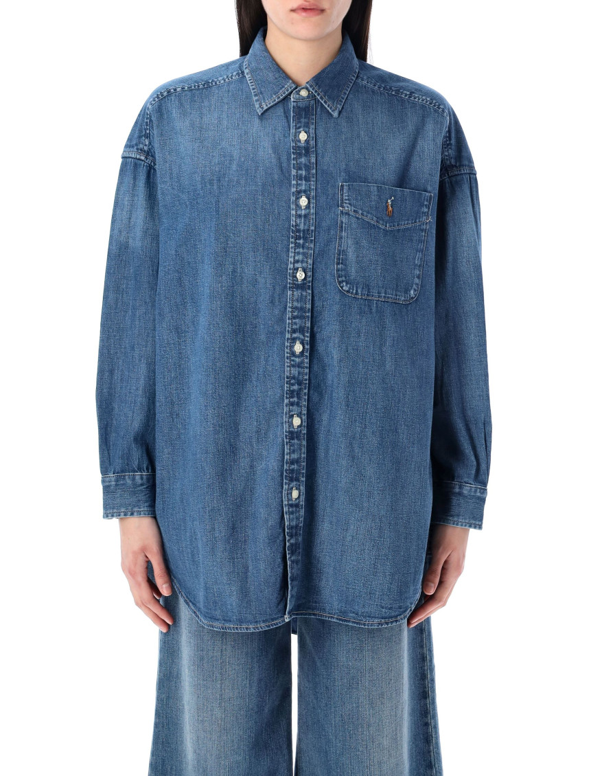 Ralph Lauren Blue Spread Collar Logo Denim Shirt