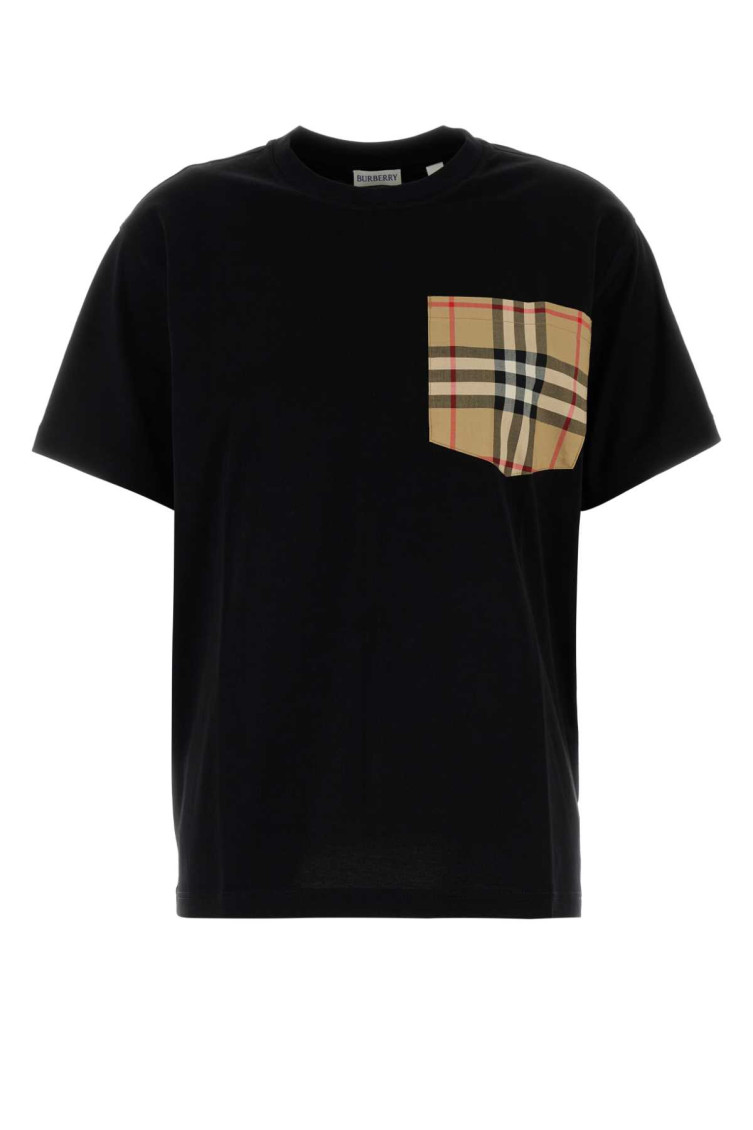 Burberry Short Sleeve Checked Crew Neck T-shirt With Chest Pocket In Black