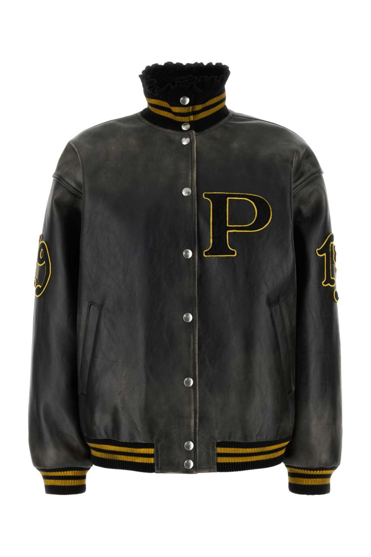 Prada Leather Jacket With Embroidered Patches And High Collar In Black