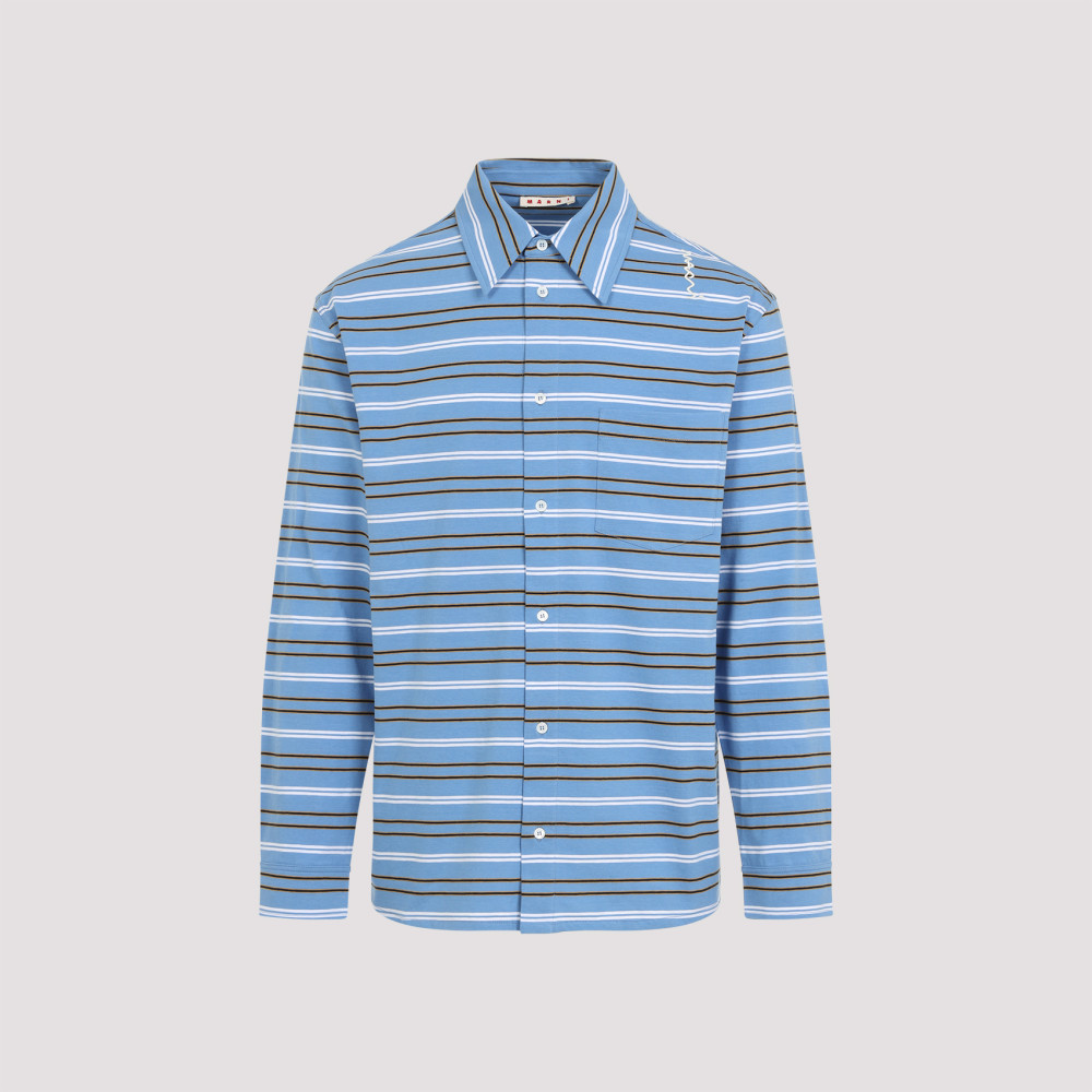 Marni Light Blue Cotton Turtleneck Polo With Horizontal Stripes In Light Blue