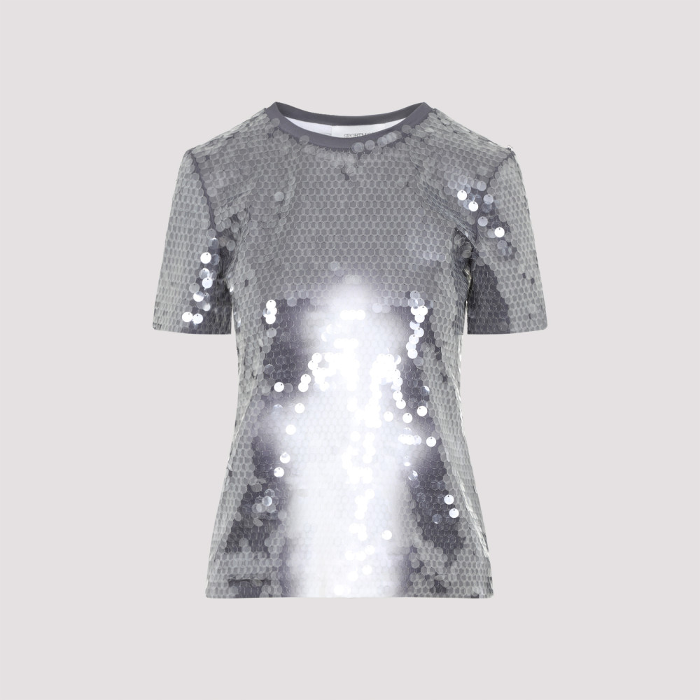Sportmax Fitted Grey T-shirt With Hexagonal Sequin Detailing In Silver