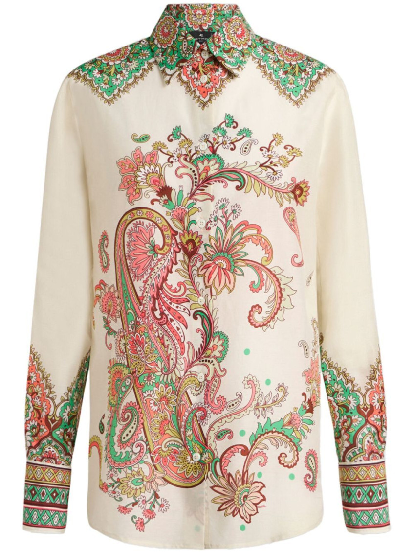 Etro Multicolor Shirt With Classic Collar And All-over Paisley Print In Cotton And Silk Woman In White