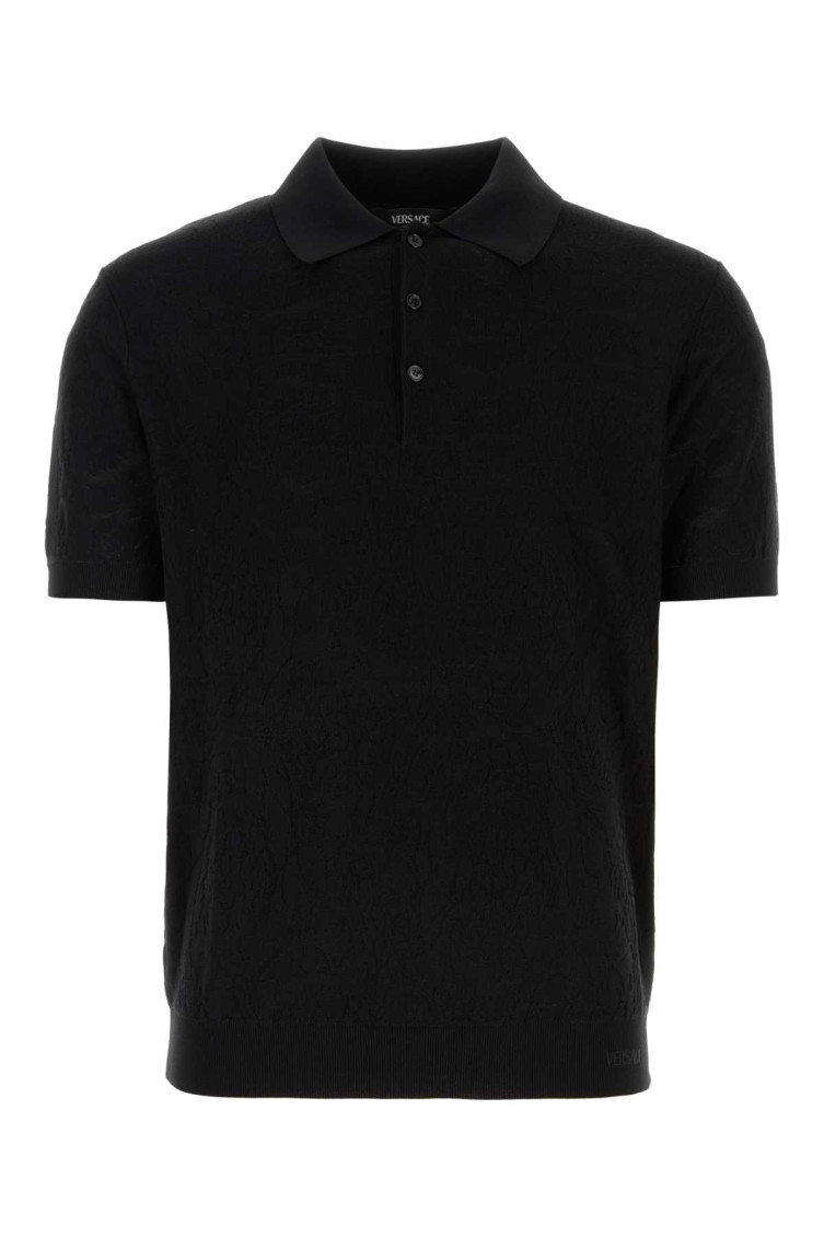 Versace Black Silk Blend Polo Shirt In Black