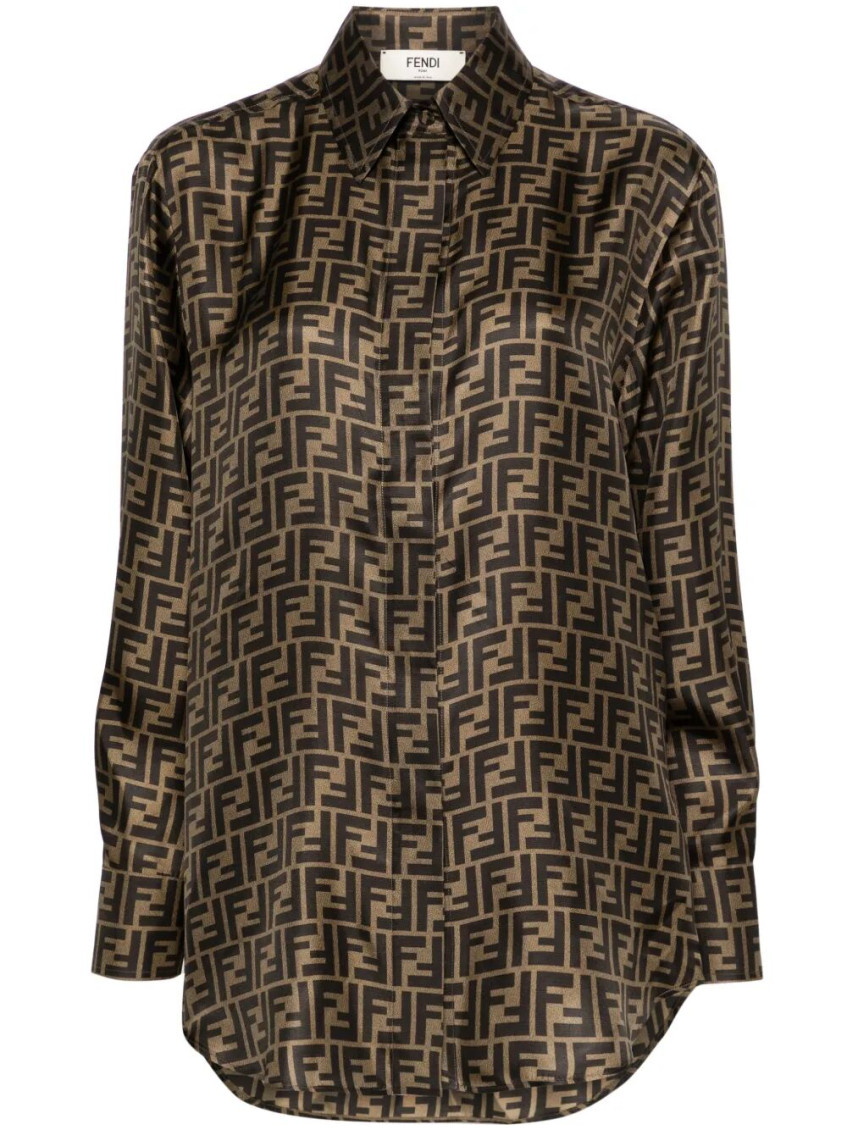 Fendi Silk Shirt With Ff Motif In Brown