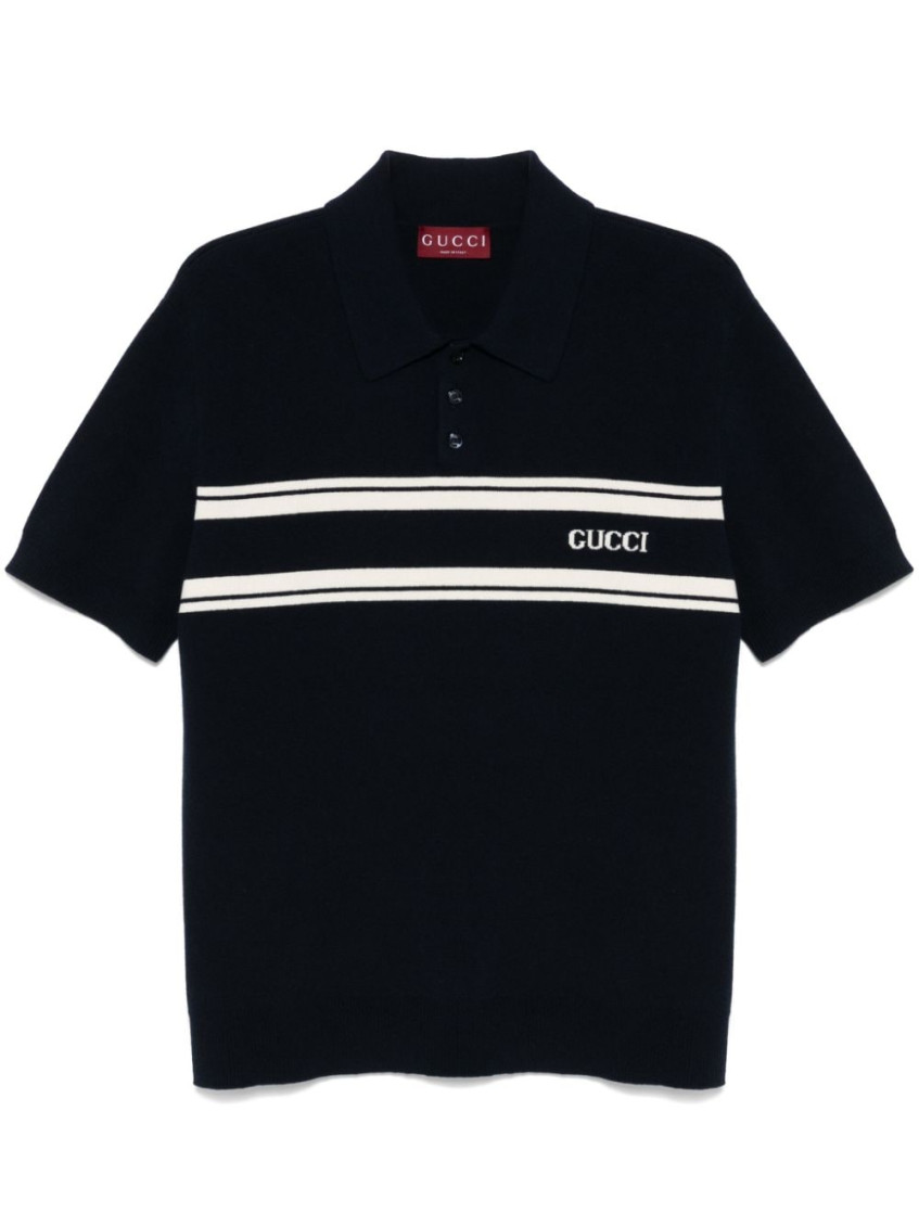 Gucci Short Sleeved Wool And Cashmere Sweater With Polo Neck In Navy Blue