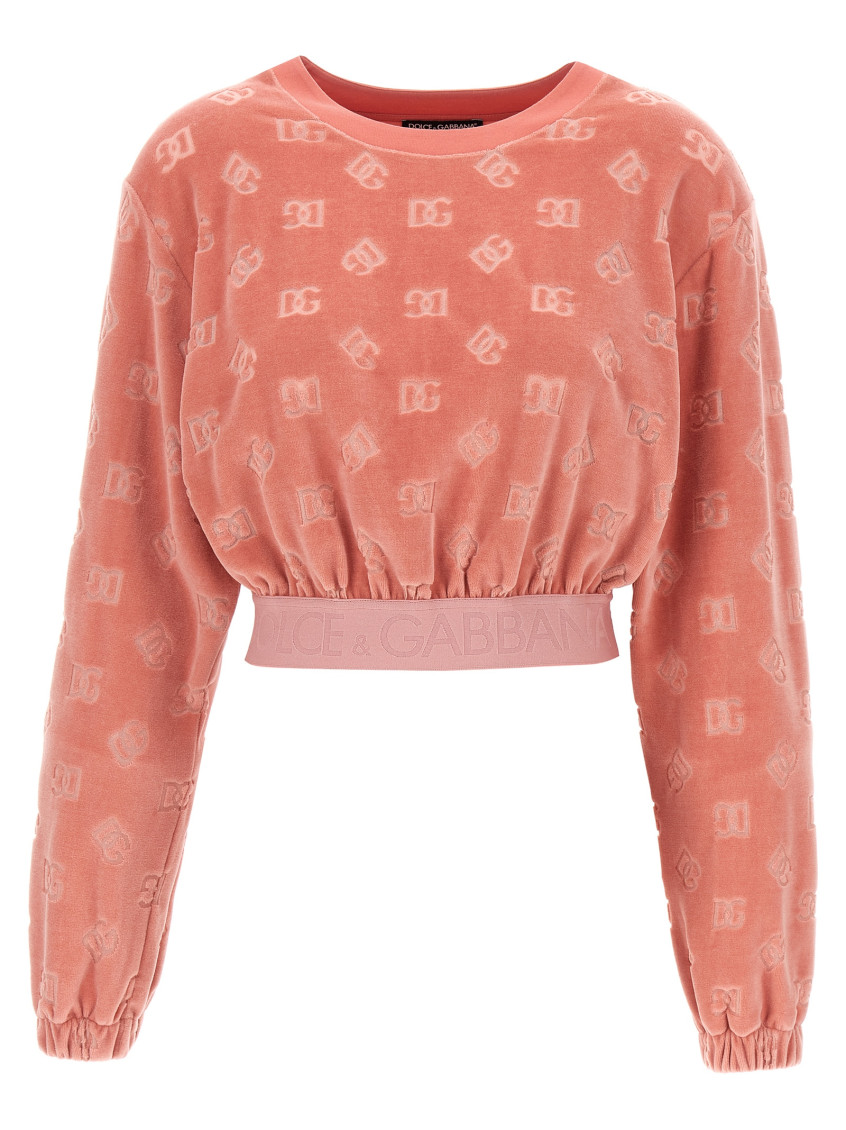 Dolce & Gabbana Short Chenille Jacquard Sweatshirt With Jacquard Dg Logo In Pink