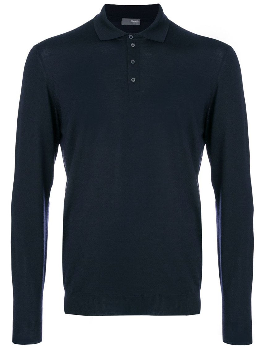 Drumohr Long Sleeve Navy Blue Jersey Polo Shirt In Navy Blue
