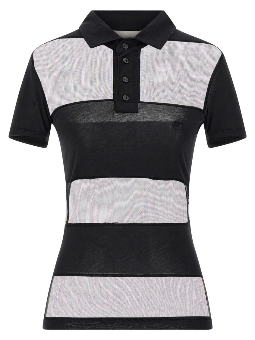 Coperni Striped Top With Polo Collar And Sheer Panels In Black