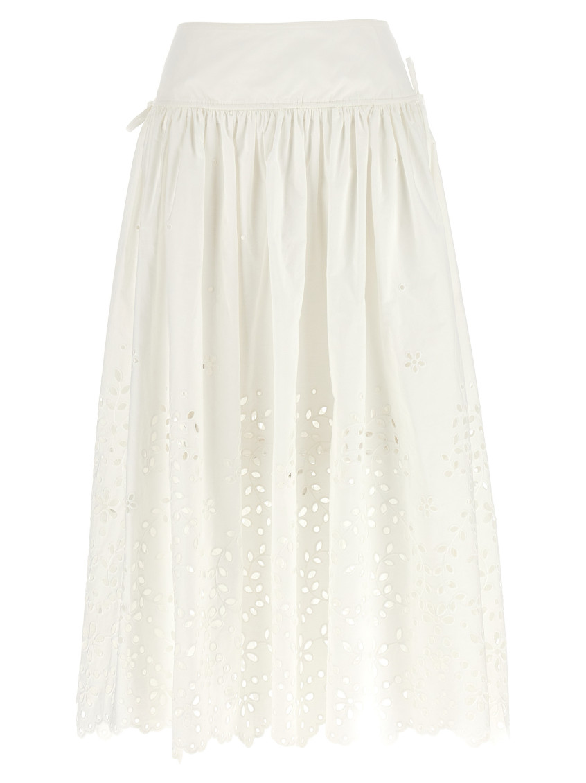 Self-portrait White Midi Skirt With Side Gathered Details And All-over Embroidery