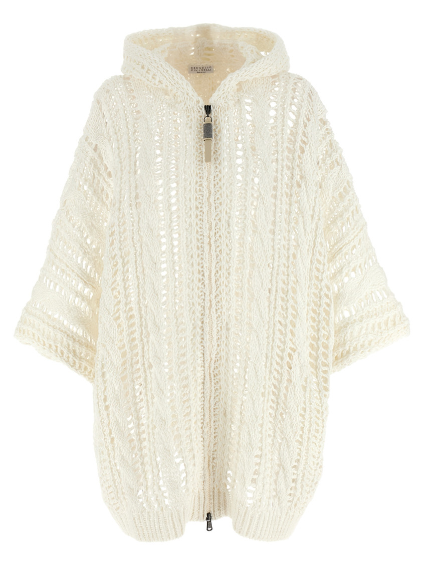 BRUNELLO CUCINELLI WHITE CABLE & MESH CARDIGAN