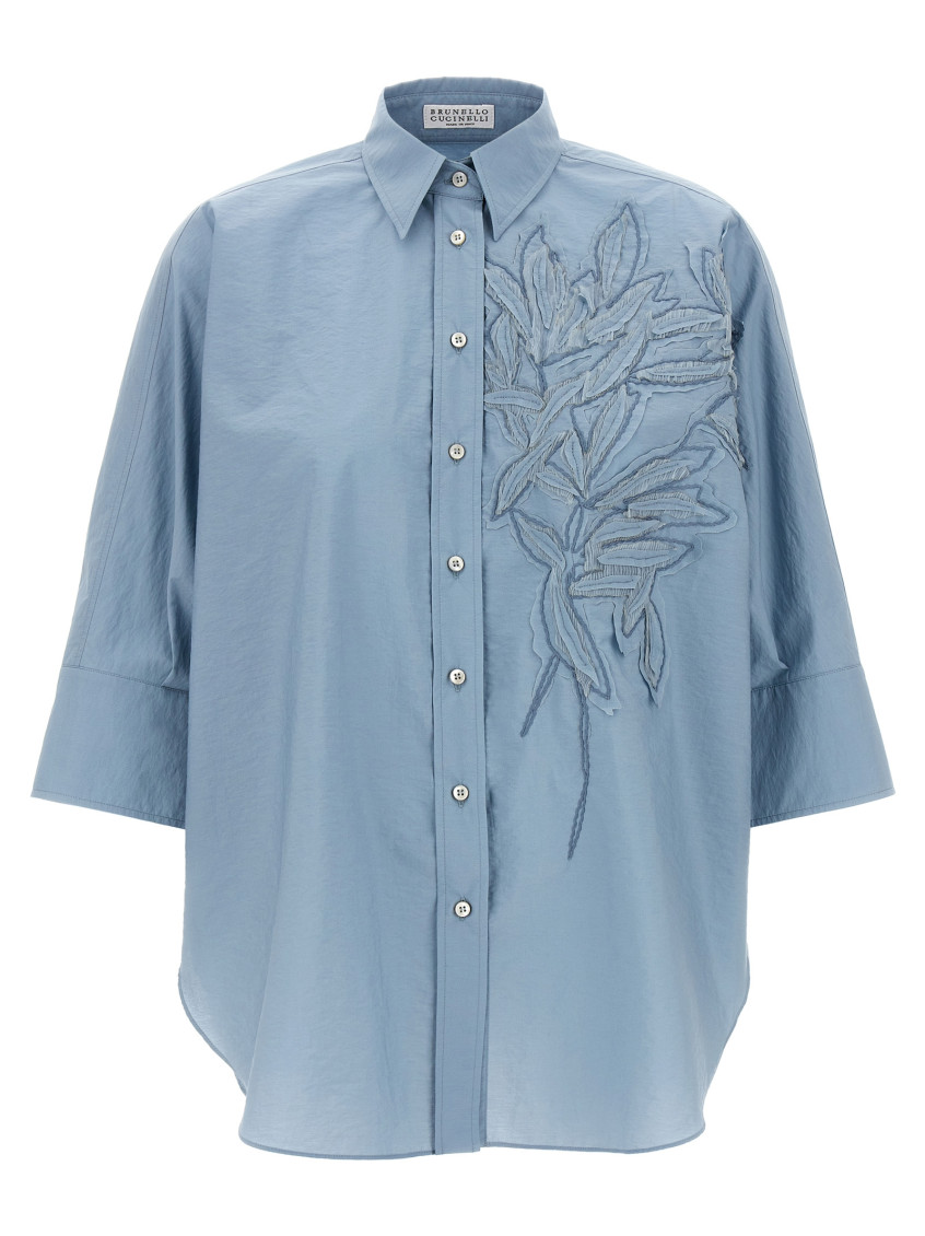 Brunello Cucinelli Intarsia Shirt With Embroidered Inlaid Detail In Blue