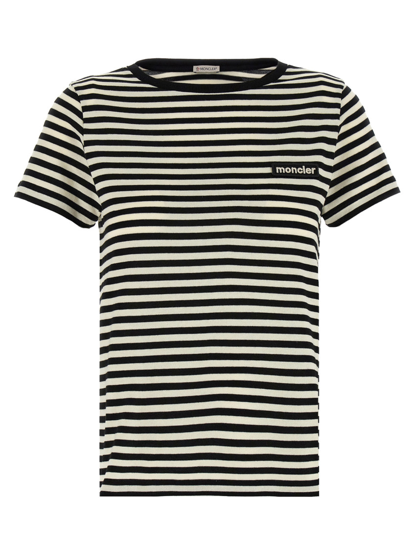 Moncler Black And White T-shirt With All-over Striped Motif And Logo Patch On The Chest In Cotton Wo In Blackwhite
