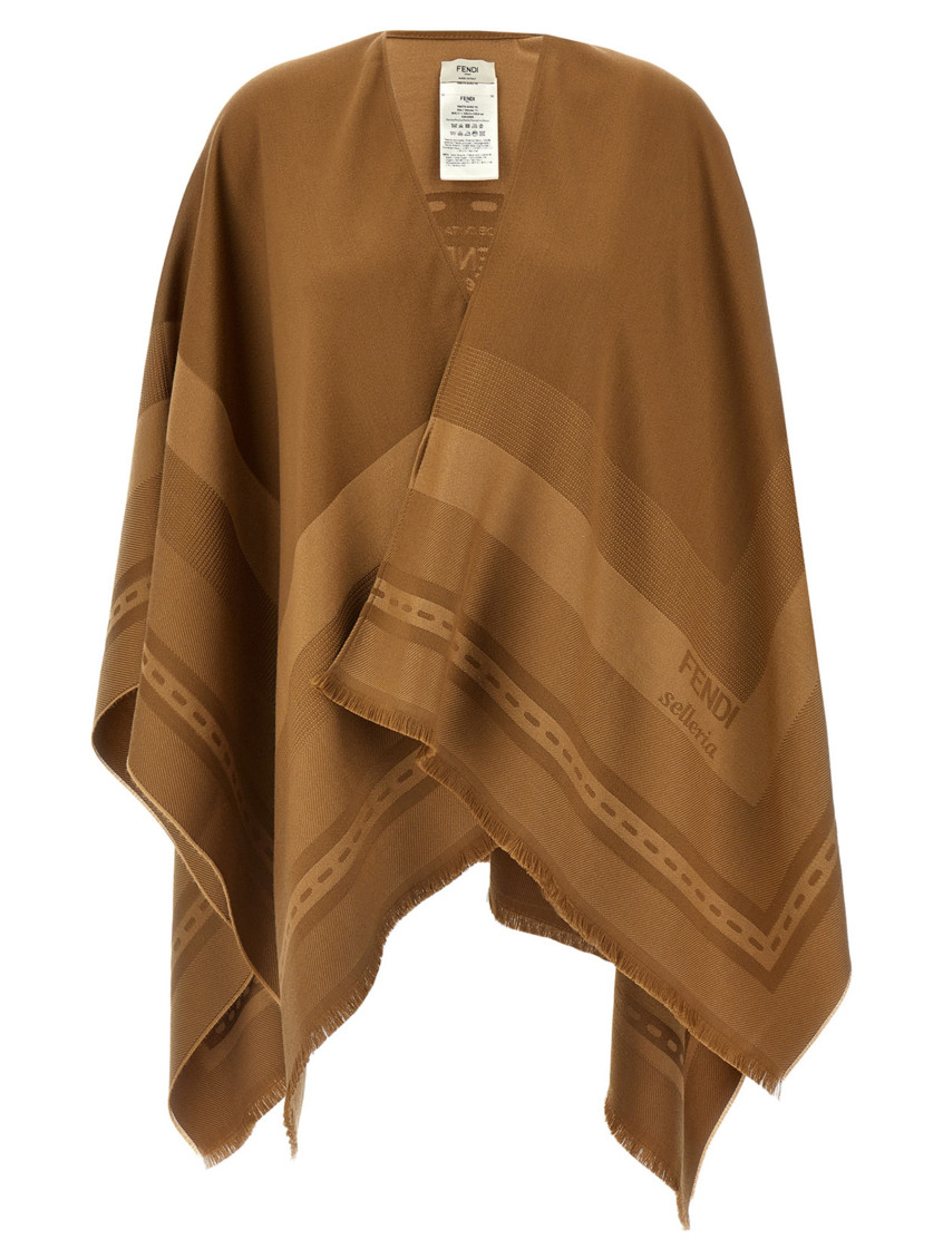 Fendi Fringed Edges Patterned Jacquard Poncho In Brown