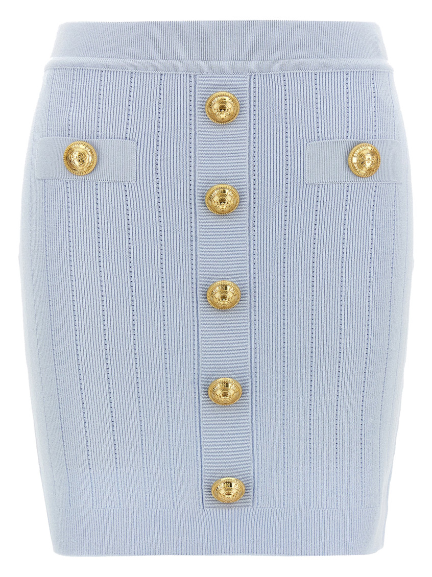 Balmain 2-pockets Button-front Rib Mini Skirt In Light Blue