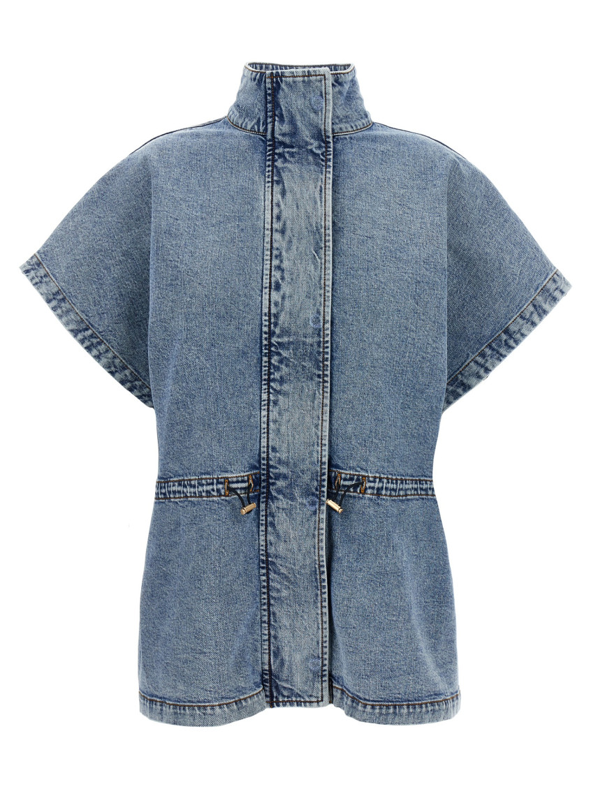 Fabiana Filippi Marbled Denim Cape With Adjustable Drawstring In Light Blue