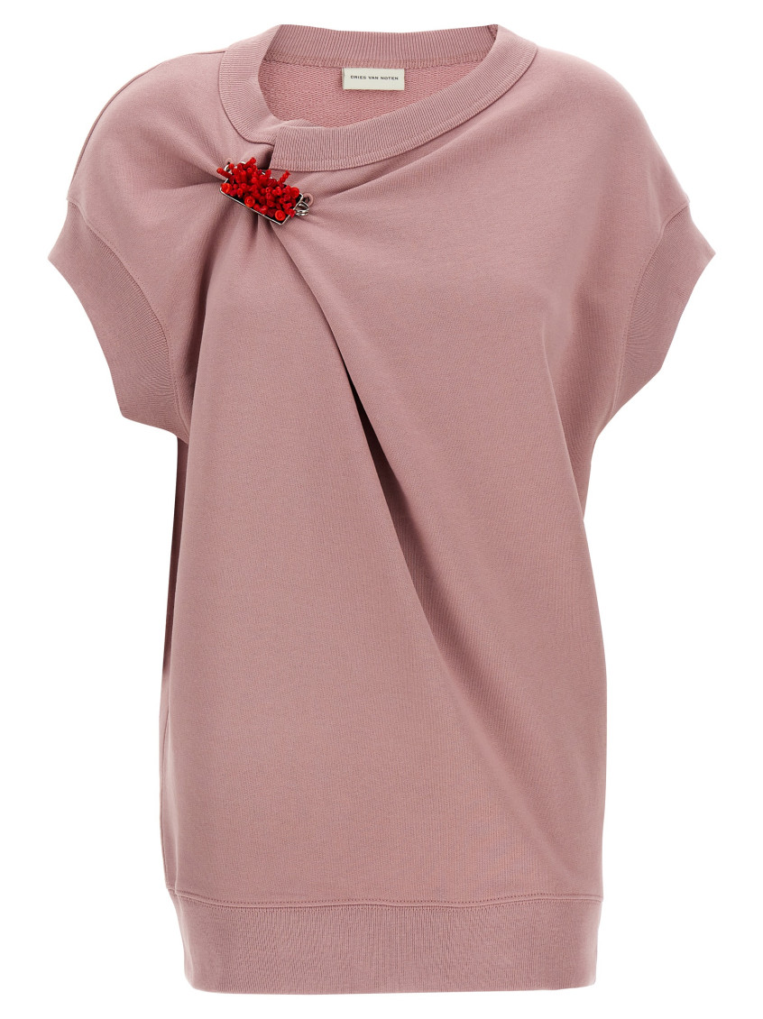 Dries Van Noten Embellished Crew Neck Cap Sleeves Sweatshirt In Pink