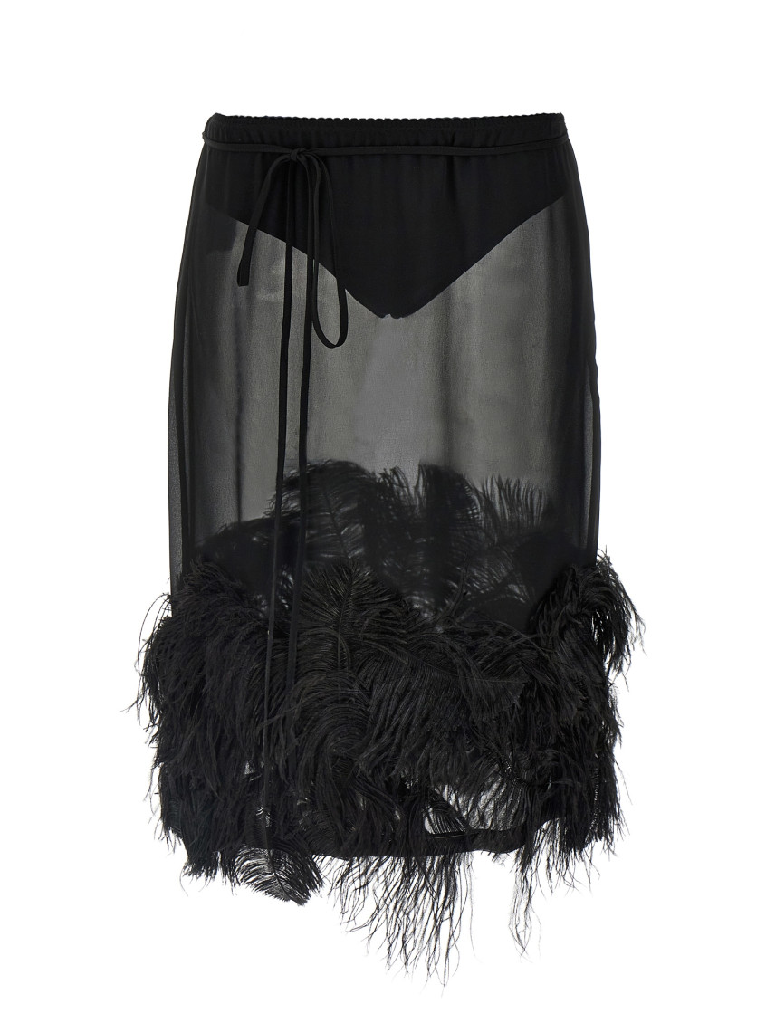 Attico Chic Low-waisted Midi Skirt With Feather Embellishment In Black