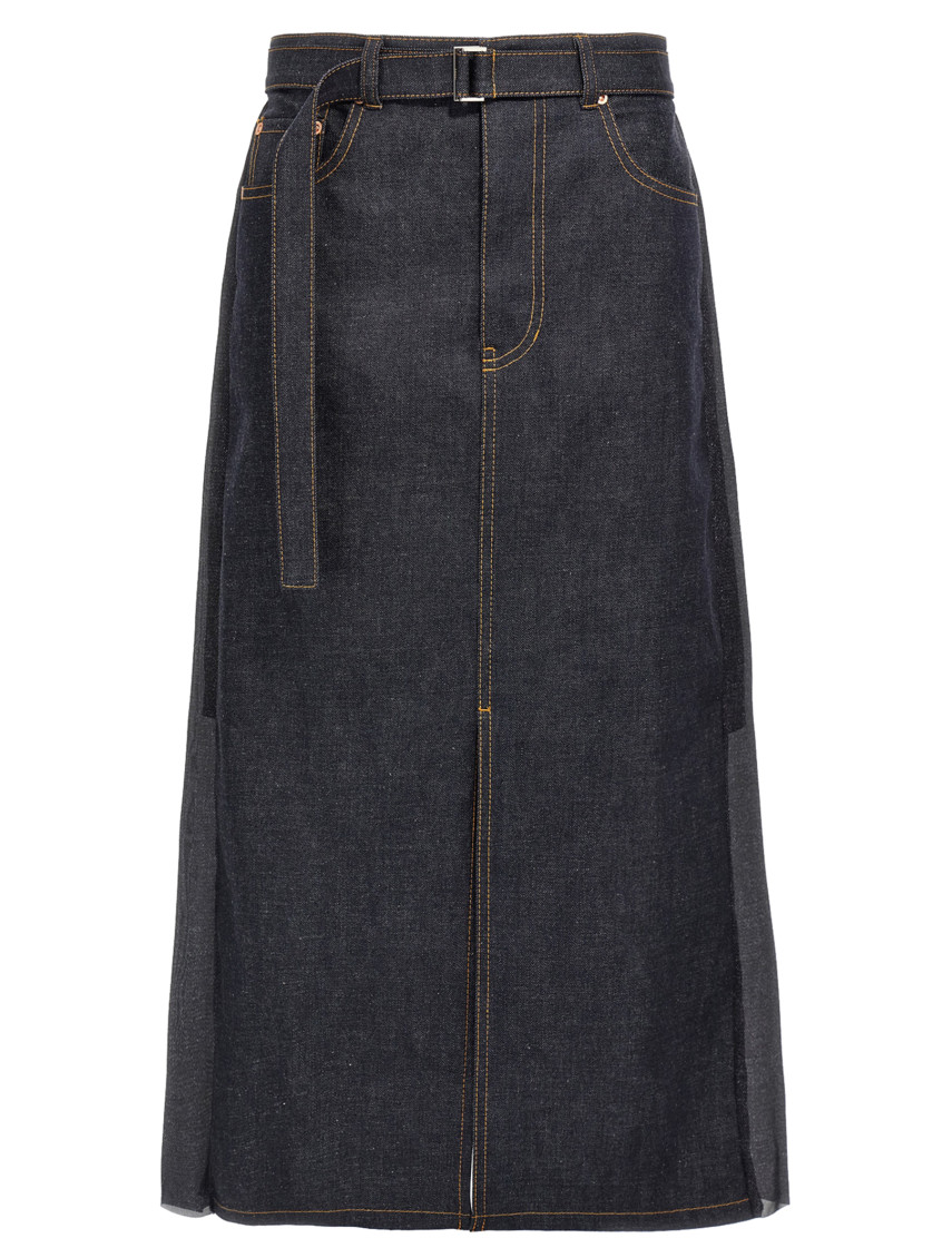 SACAI BLUE PLEATED DENIM SKIRT