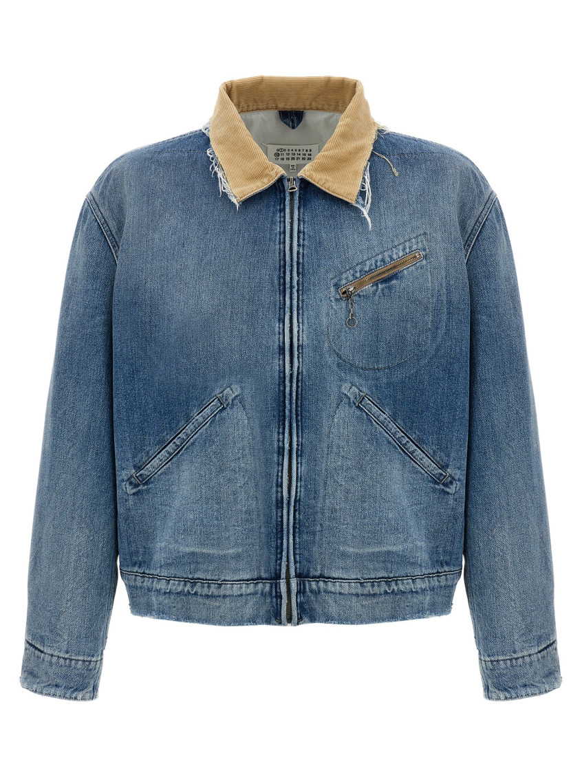Maison Margiela Frayed Hem Denim Jacket With Contrasting Collar In Light Blue