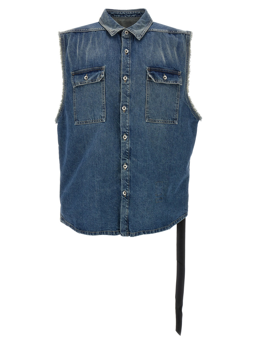 Rick Owens Denim Sleeveless Tommy Jumbo Vest In Dark Blue