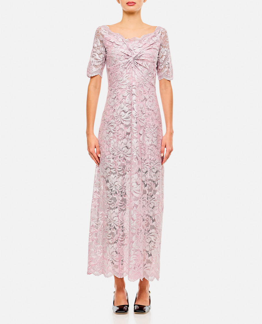 Rabanne Off-the-shoulder Twist-front Metallic Lace Maxi Dress In Silver