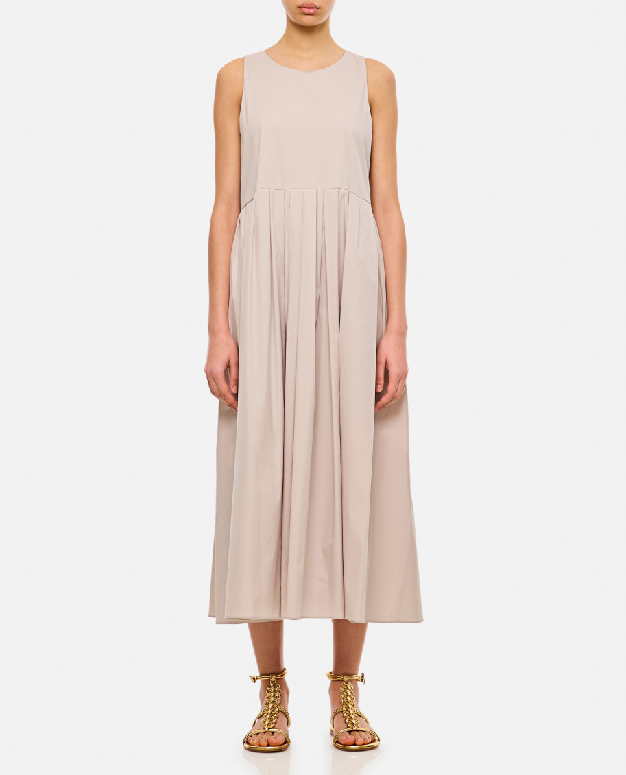 Max Mara Ecru Cotton Poplin Maxi Dress With Pleated Skirt