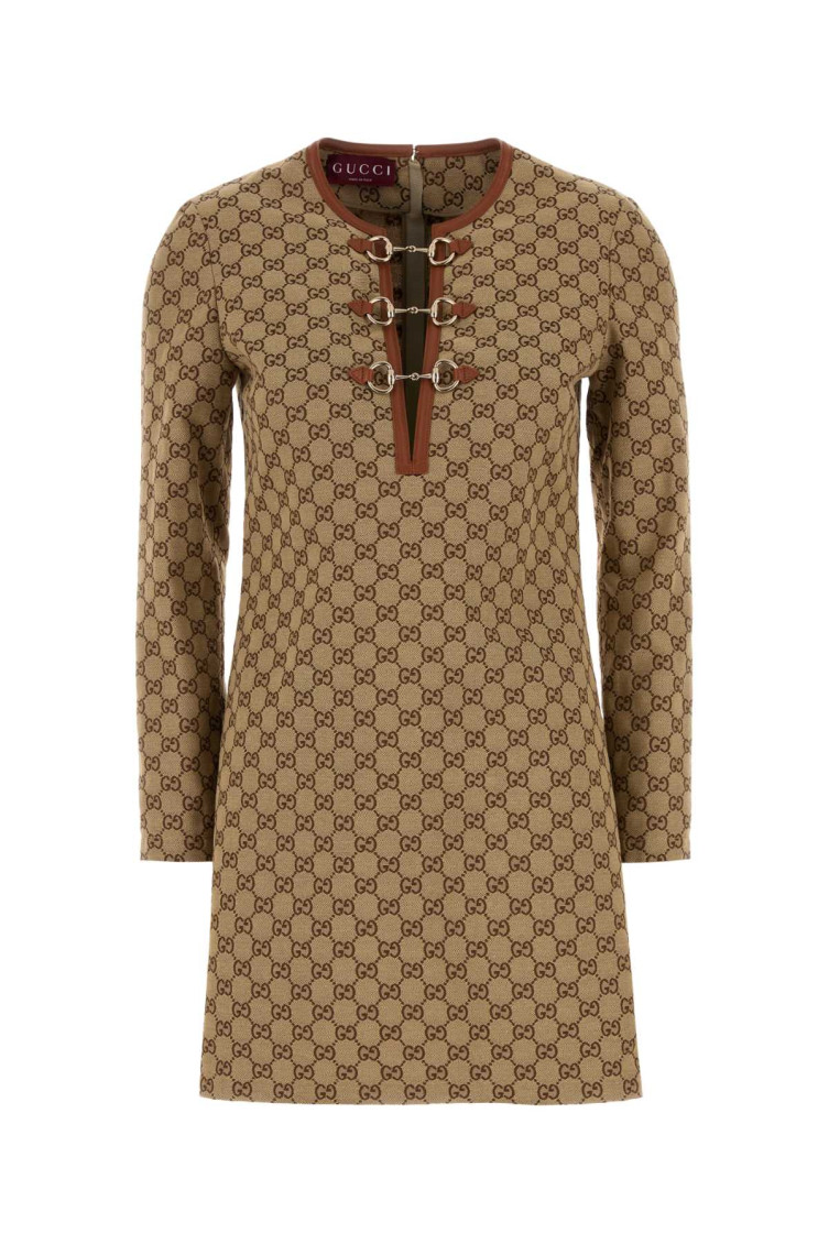 Gucci Beige Crewneck Mini Dress With Horsebit On The Front In Gg Canvas Woman