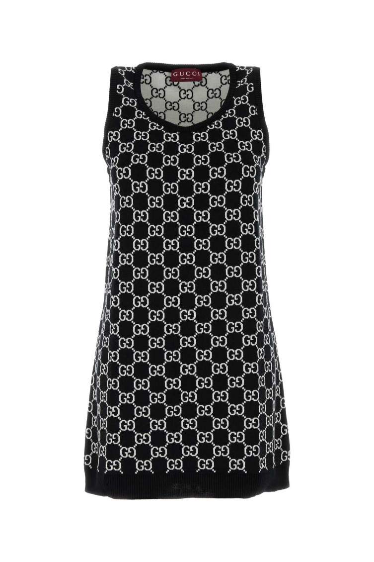 GUCCI BLACK GG WOOL JACQUARD MINI DRESS
