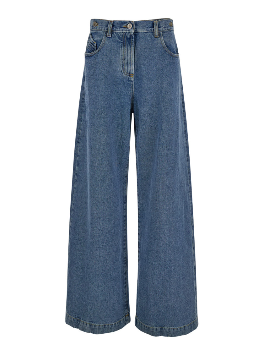 Attico Blue Wide Jeans With Double Waistline In Denim Woman In Blue