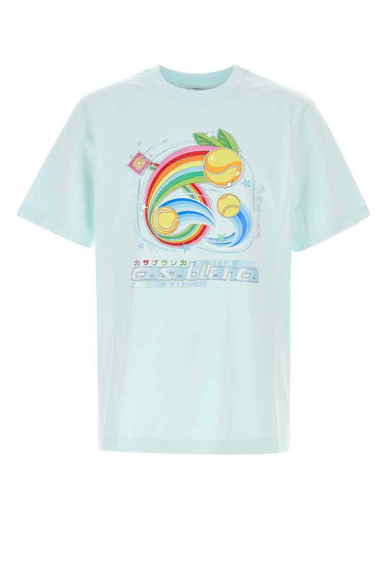 Casablanca Short-sleeved T-shirt In Light Blue Cotton With Graphic Print In Blue