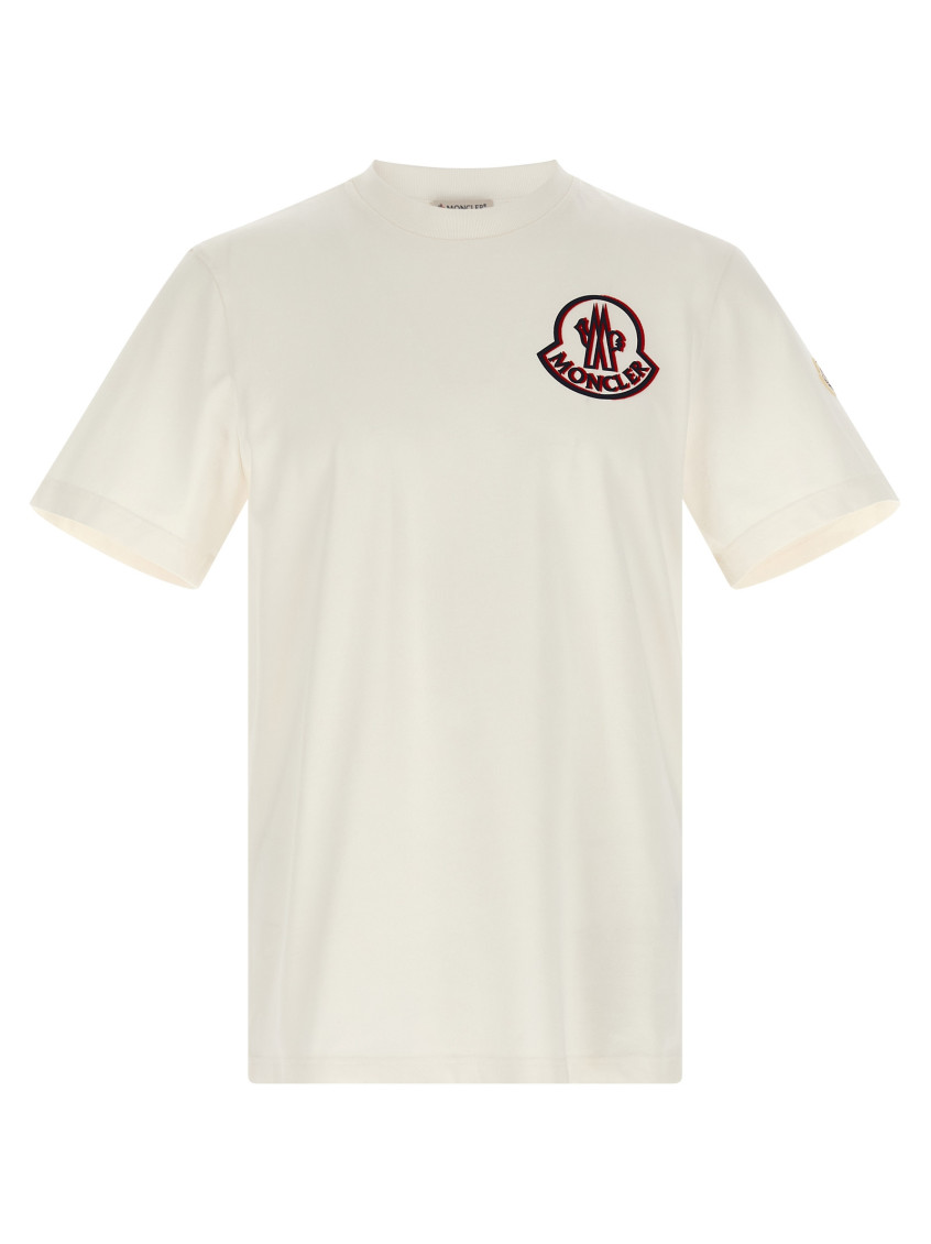 Moncler Flocked Logo T-shirt In Organic Cotton With Aesthetics In White