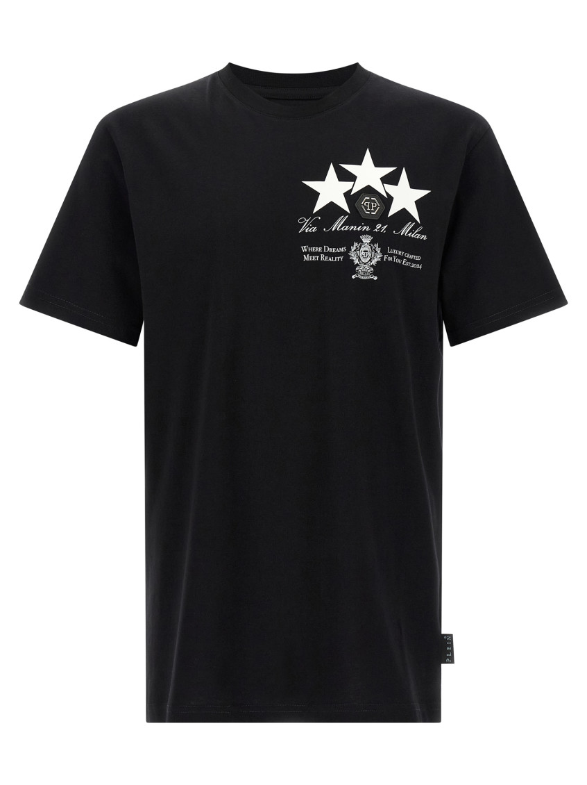 Philipp Plein Crewneck T-shirt With Front Print And Logo Patch In Black
