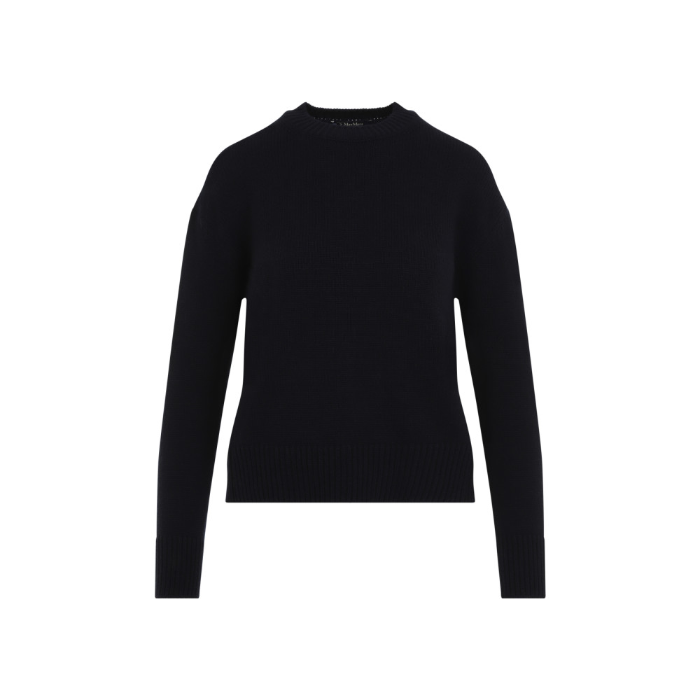 Max Mara Luxurious Wool And Cashmere Blend Sweater With Classic Fit And Ribbed Details In Navy Blue