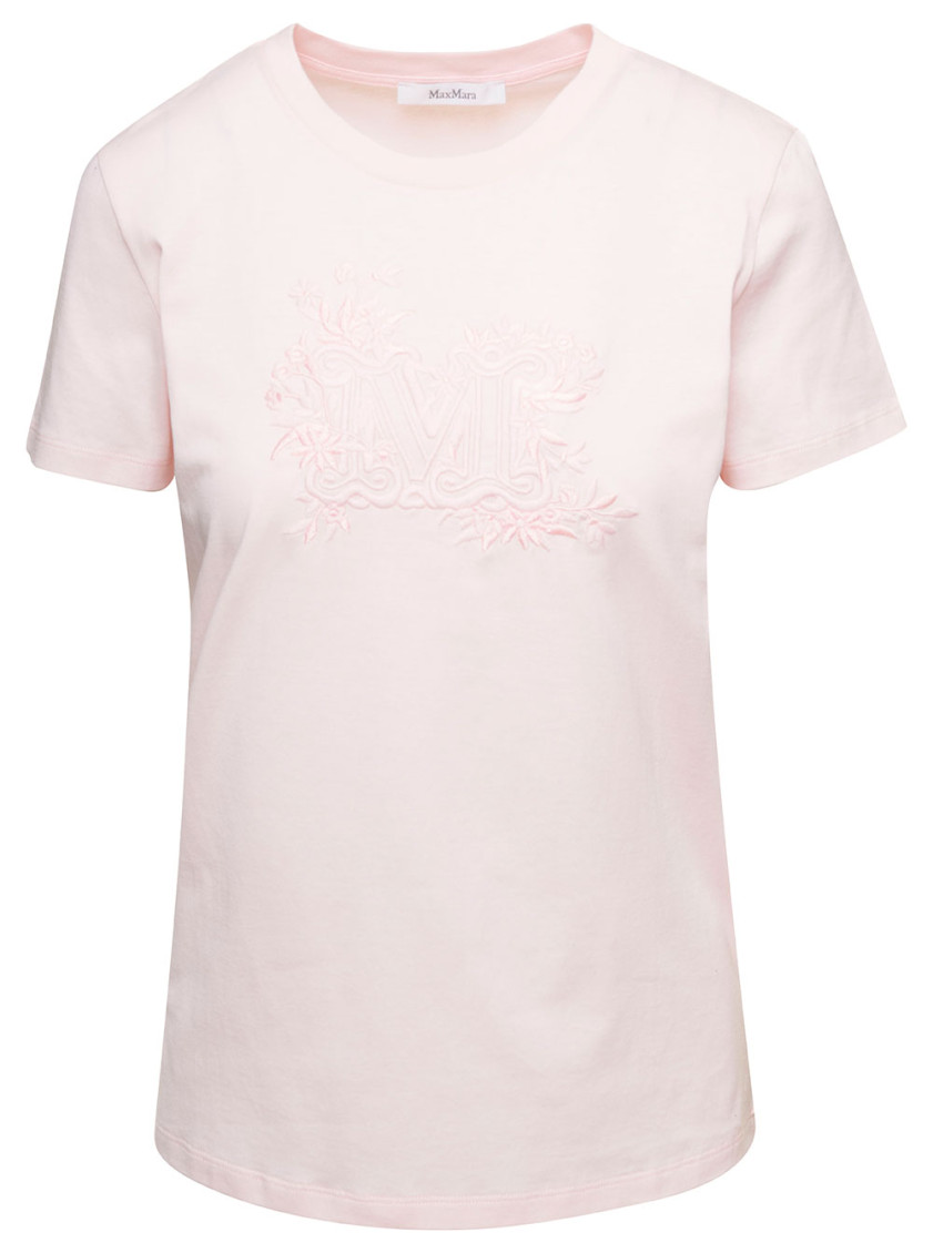 Max Mara Pink Crew Neck T-shirt With Embroidered Logo On The Chest In Cotton Woman In Pink