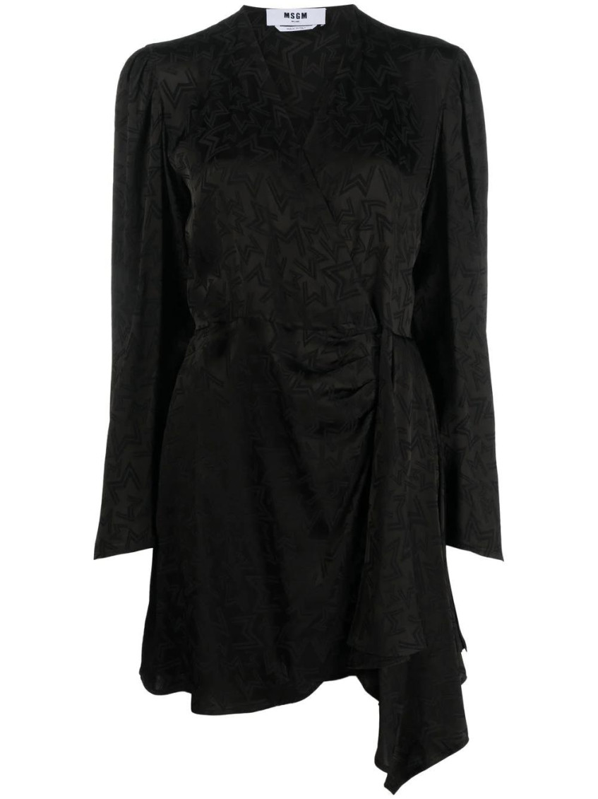 Msgm Monogram Print Wrap Design Asymmetric Hem Dress In Black
