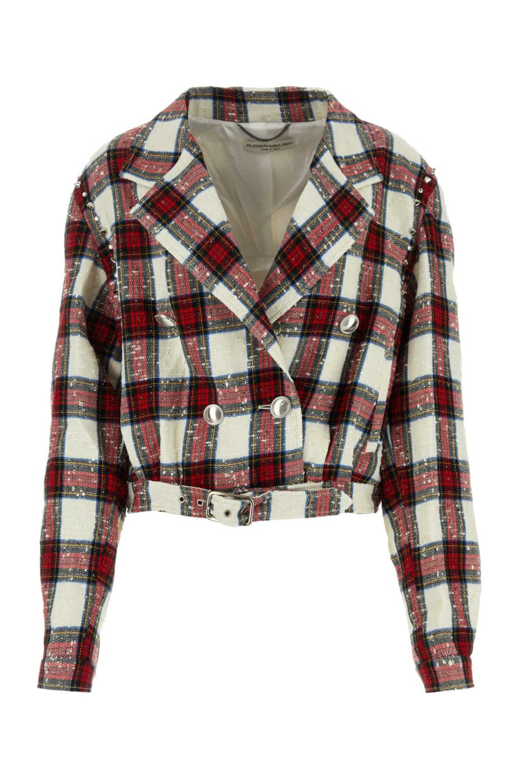 Alessandra Rich Checked Cropped Wool-blend Jacket In Red