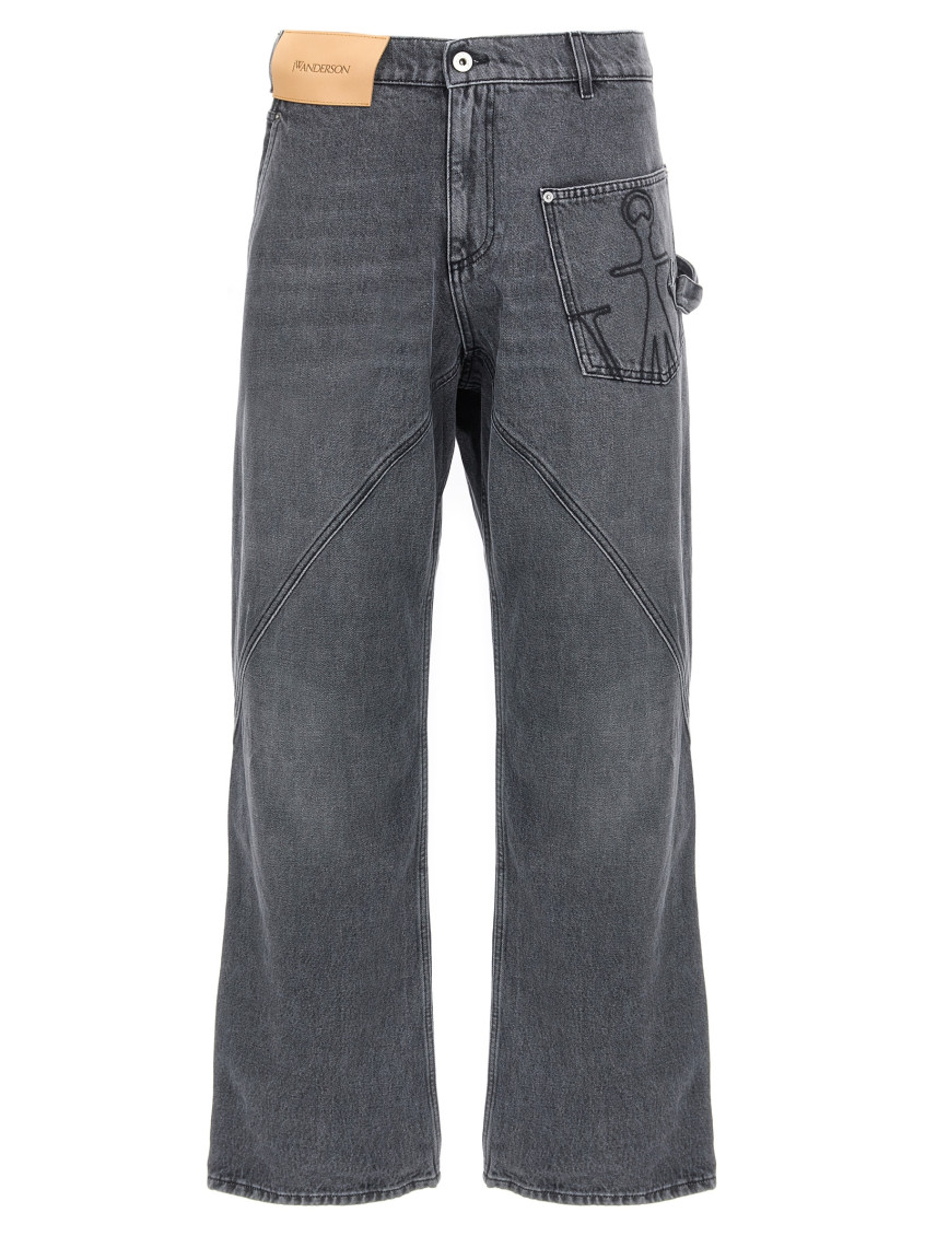 Jw Anderson J. W. Anderson Relaxed Fit Grey Jeans With Diagonal Stitching And Embroidered Logo In Grey
